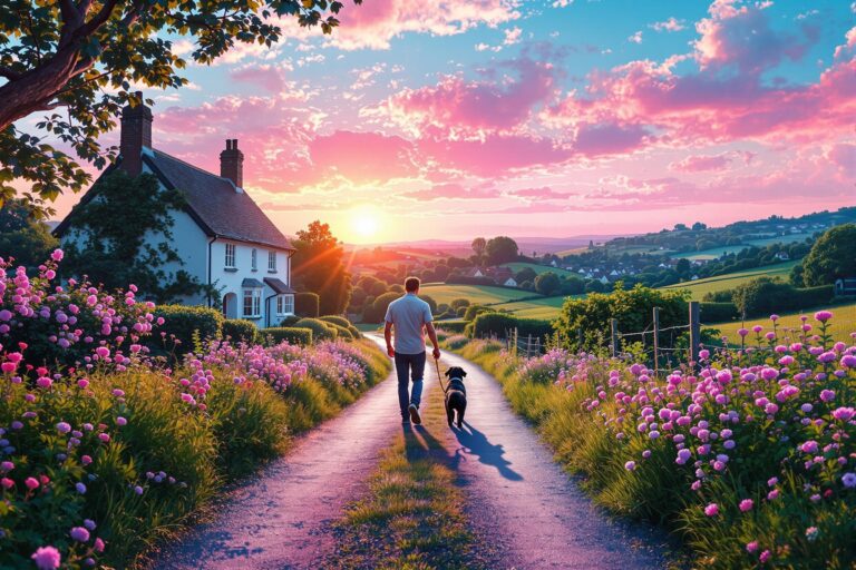 Countryside lane near Chobham with cottage and flowers at sunset